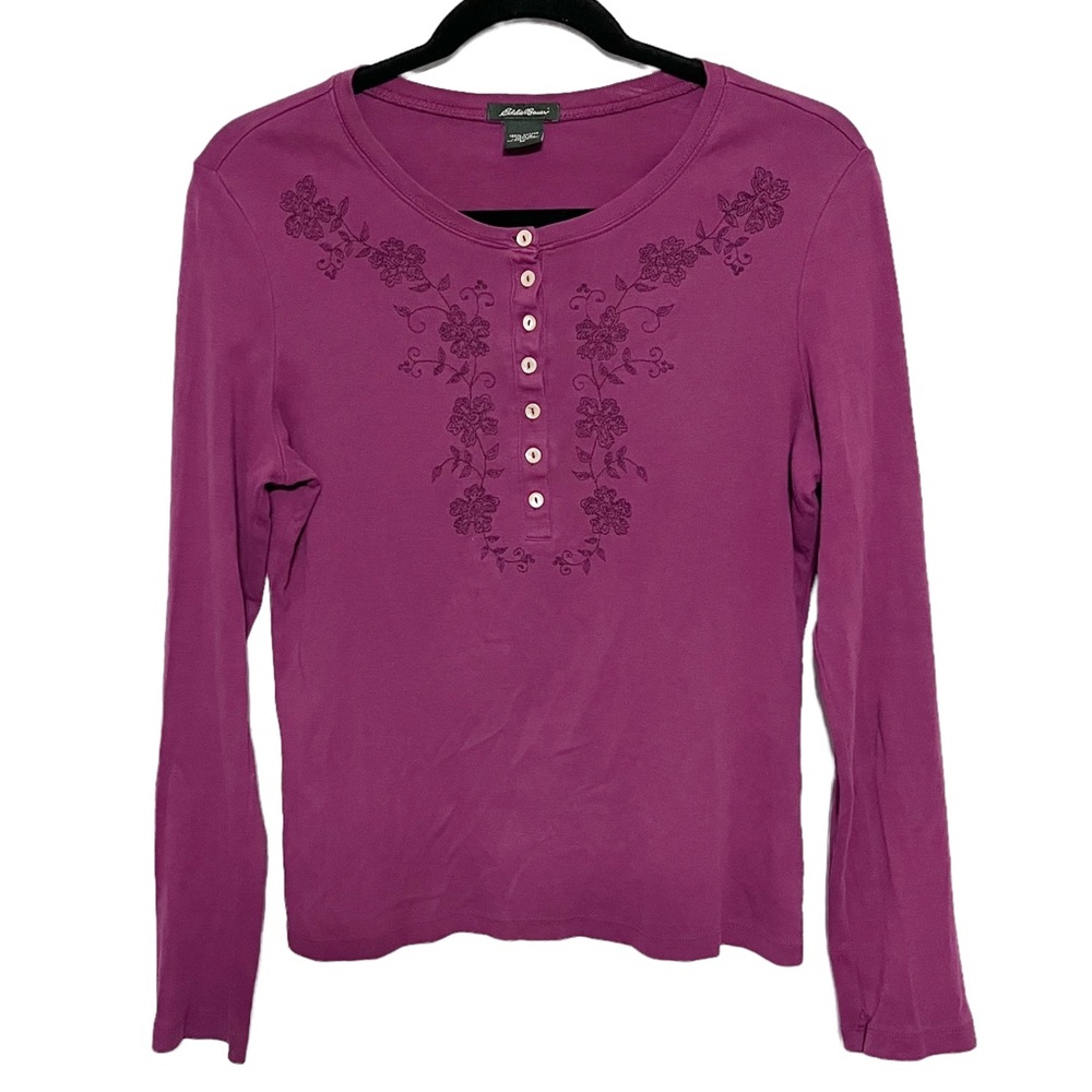 Eddie Bauer Burgundy 1/4 Button Cotton Henley w/Floral Detail